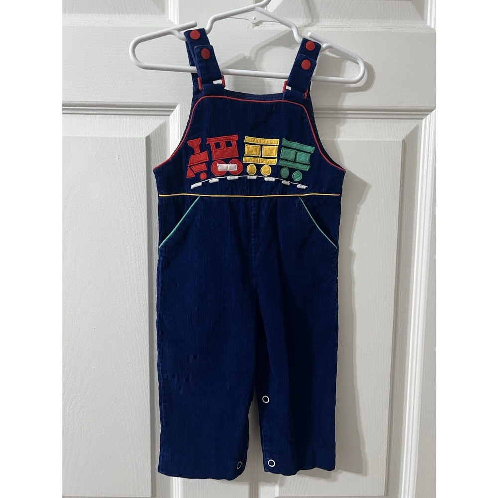 VTG Navy Train Overalls Appliqué Primary Colors - 12 Months